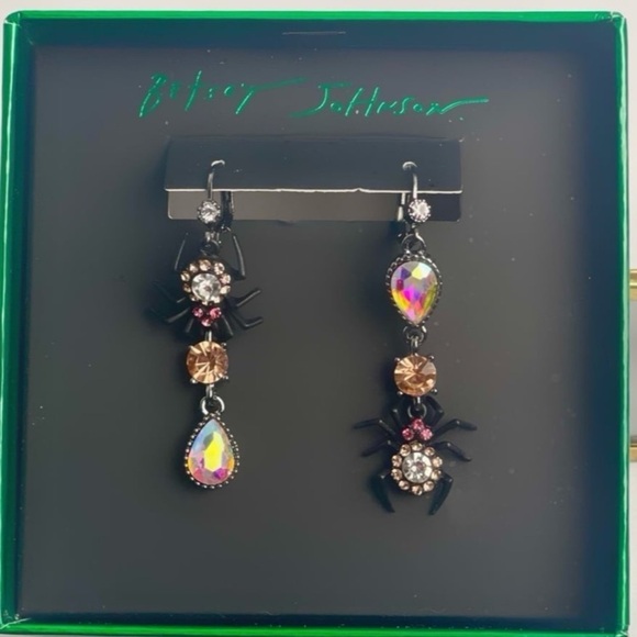 Betsey Johnson Jewelry - BETSEY JOHNSON Halloween Mismatched Sparkle Spider Dangle Leverback Earrings NWT